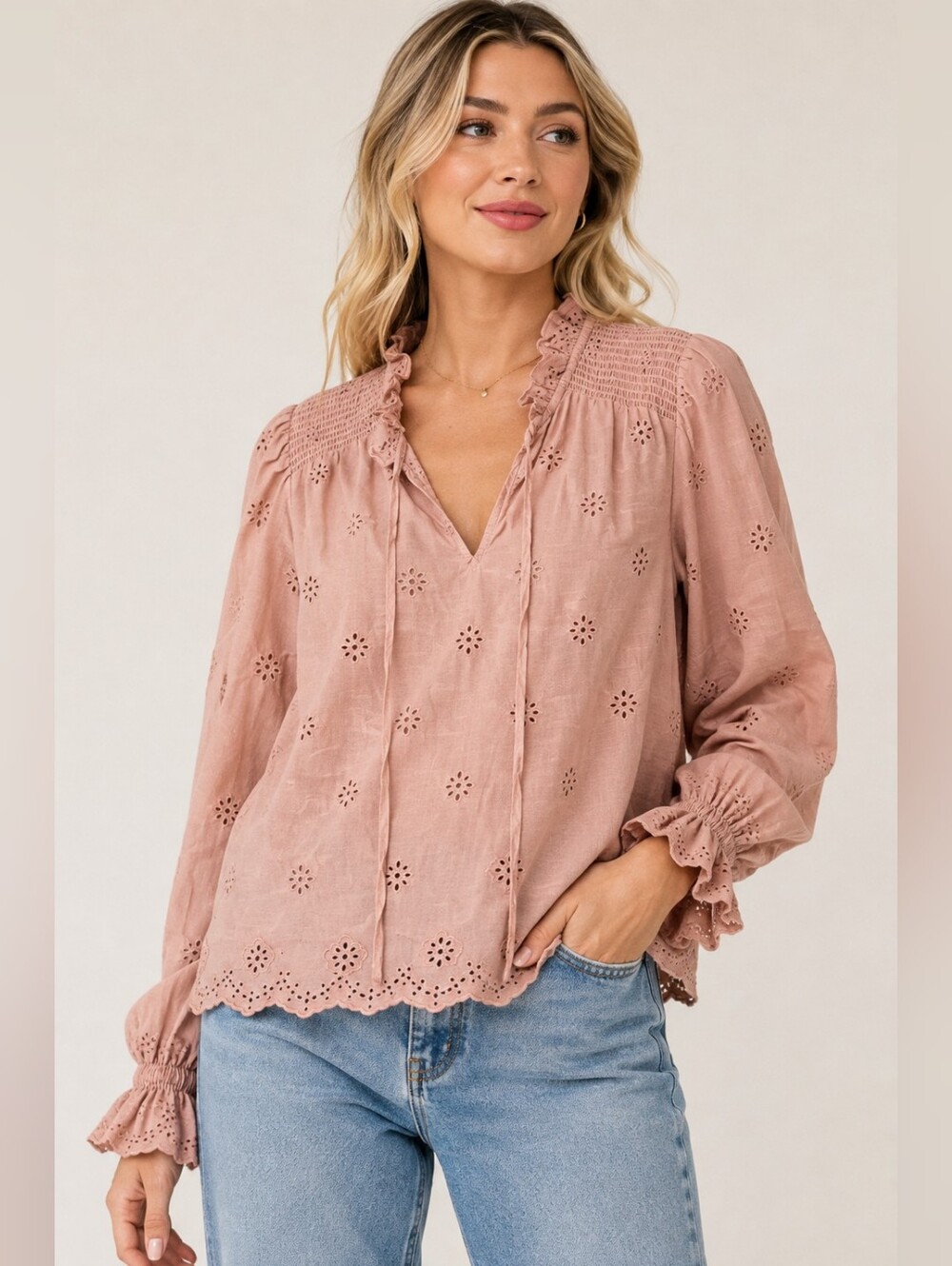 🌸 Othilia Blush Pink Eyelet Embroidered Boho Blouse — Size SP